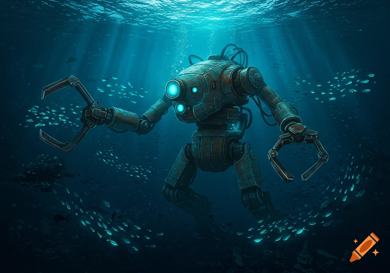 A rusty robot with glowing eyes underwater, surrounded by fish and illuminated by light rays.