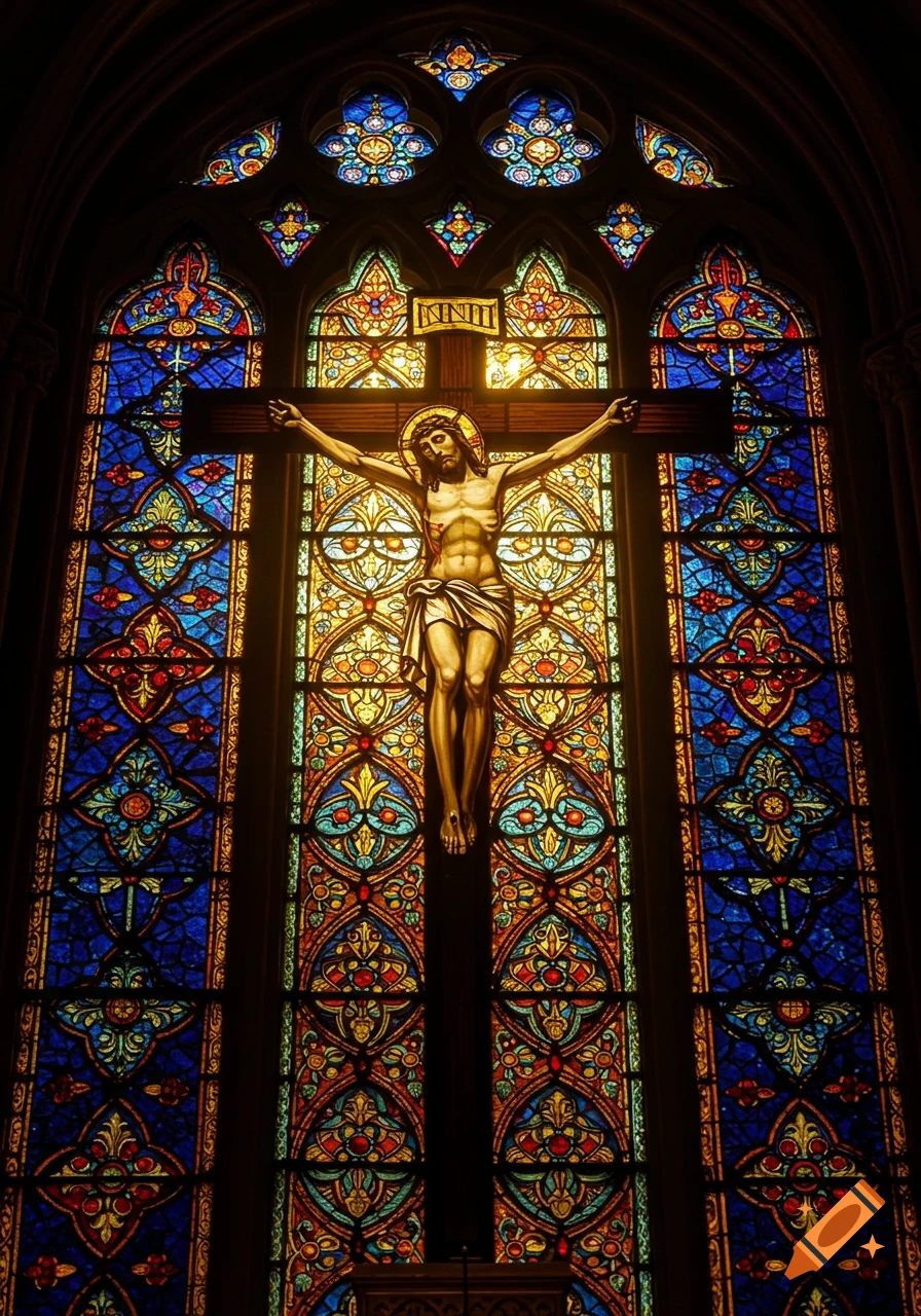 A detailed stained glass window showing Jesus on the cross.