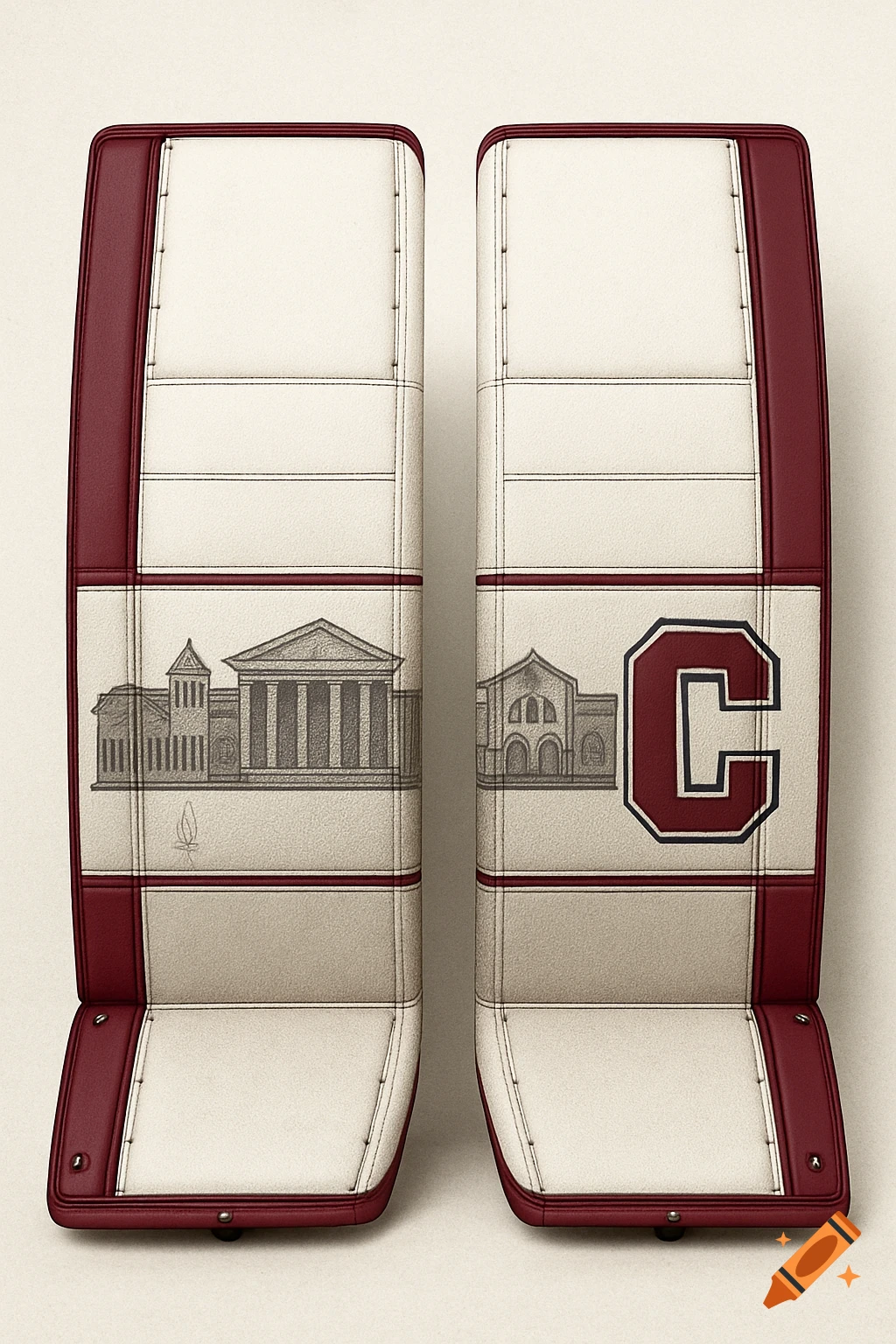 Custom hockey goalie pads with university logo and architectural drawings.