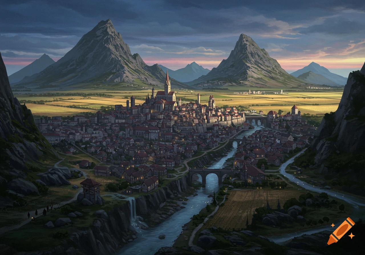 A medieval city nestled between mountains, with a river flowing through it, surrounded by fields at dusk.