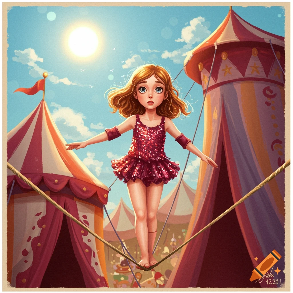 A girl balances on a high wire between circus tents under a sunny sky.