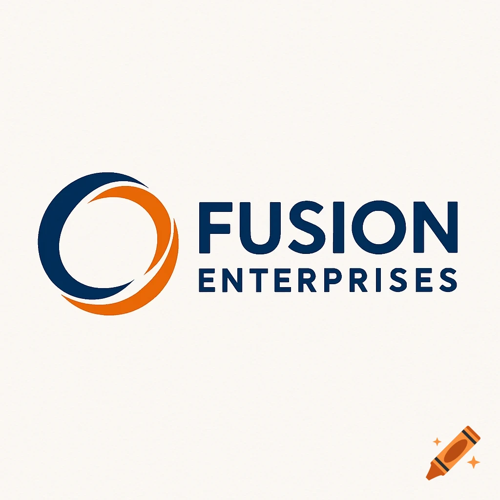 Logo with a blue and orange circle graphic and the text Fusion Enterprises.
