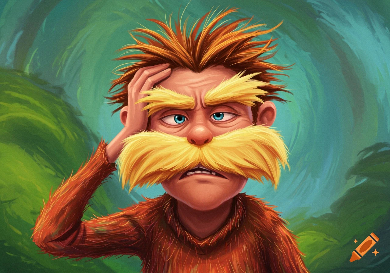 The Onceler from The Lorax is holding his head with a pained expression.