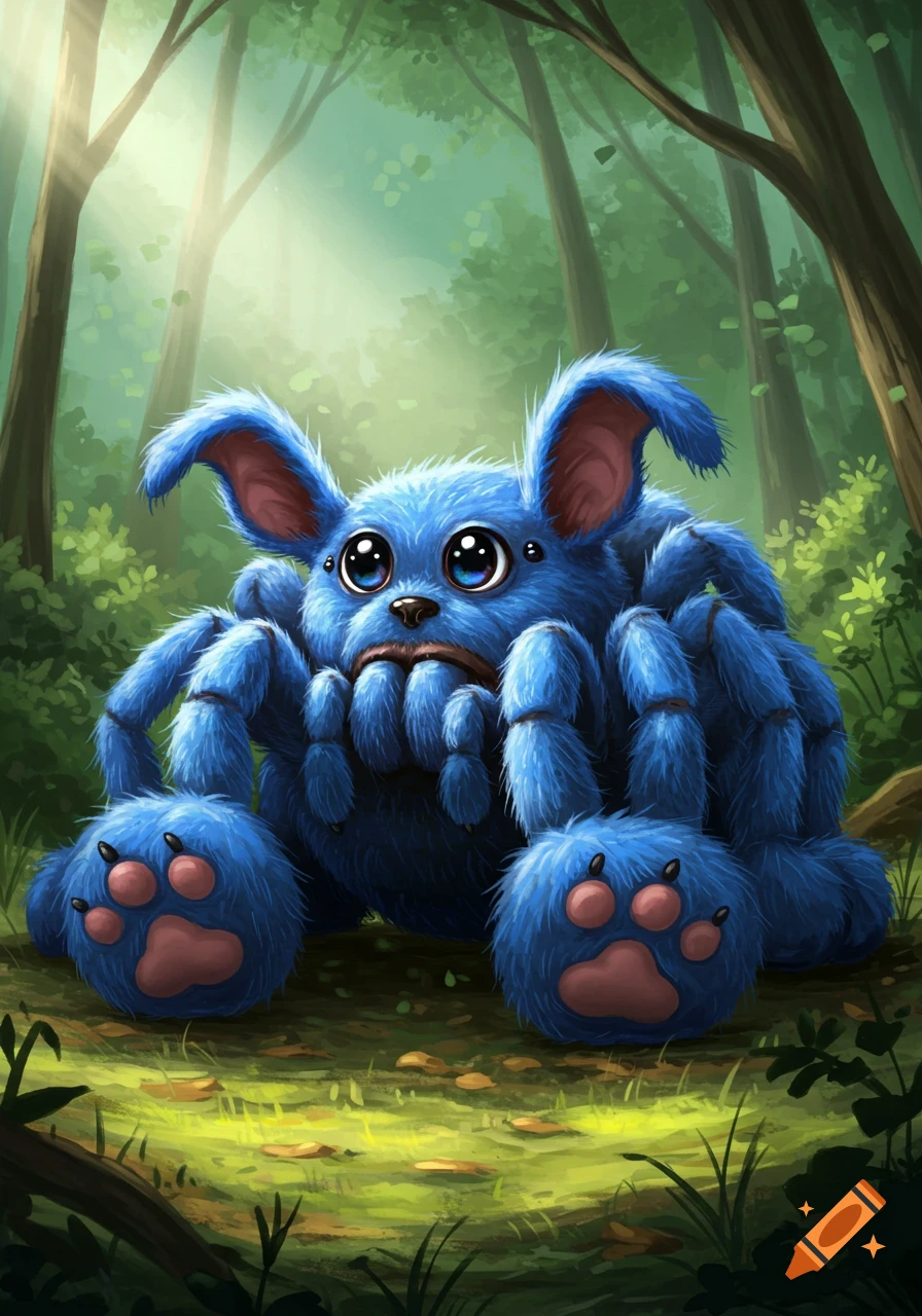 An adorable fluffy blue spider creature with puppy ears and paws in a forest.