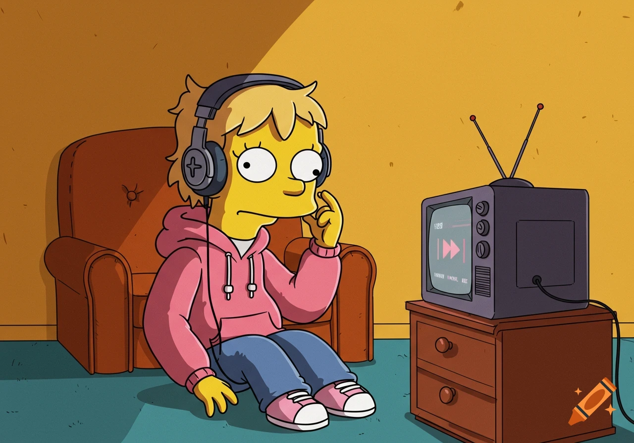 A Simpsons-style character wearing headphones and a pink hoodie sits on the floor looking at a TV screen displaying media player controls.