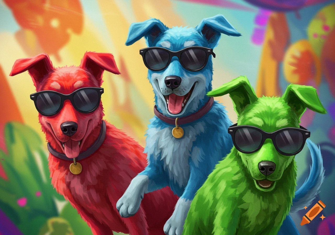 Image of three dogs, red, blue, and green, all wearing sunglasses.