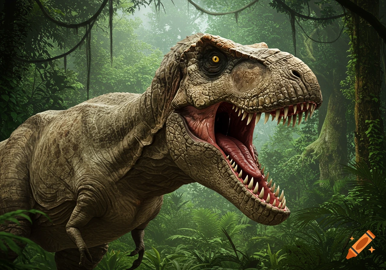 A Tyrannosaurus Rex roars in a lush jungle.