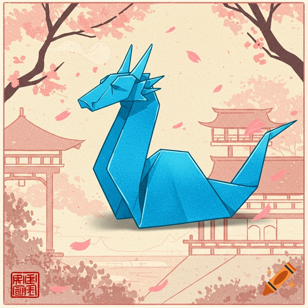 Illustration of a blue origami dragon in front of Japanese buildings and cherry blossom trees.