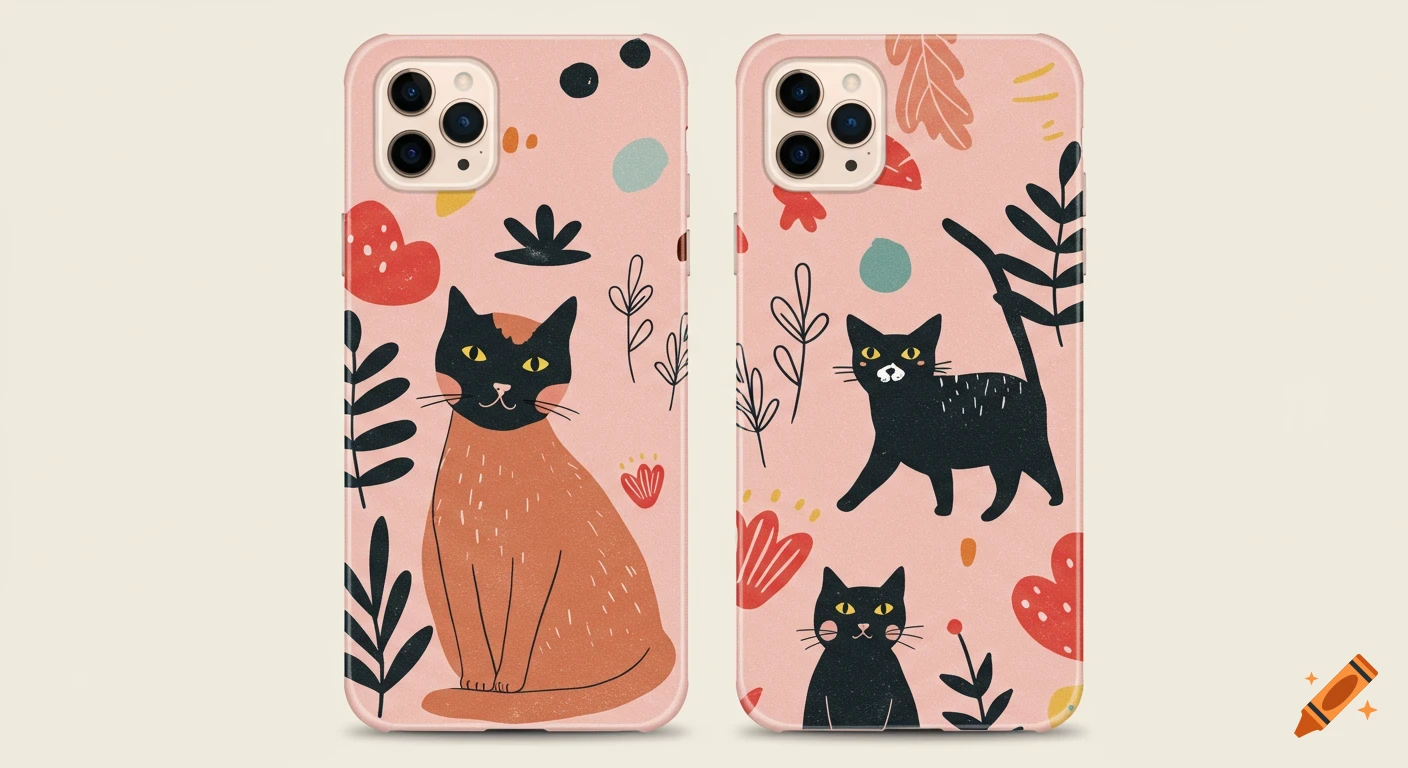 Two phone cases with an abstract illustration of cats and plants on a pink background.
