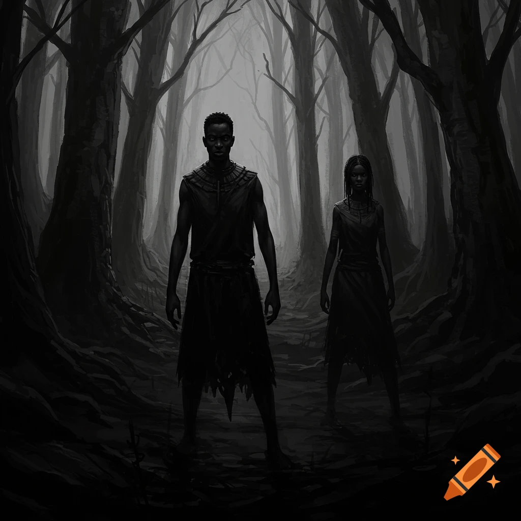 Two figures standing in a dark forest