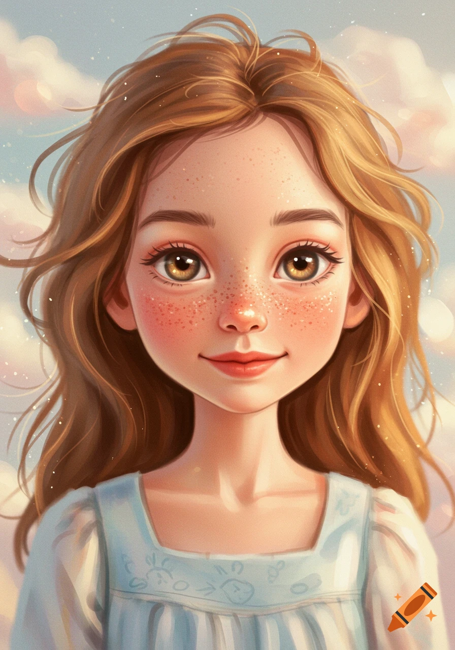 Whimsical portrayal of a girl with freckles and light brown hair in a blue dress against pastel clouds.