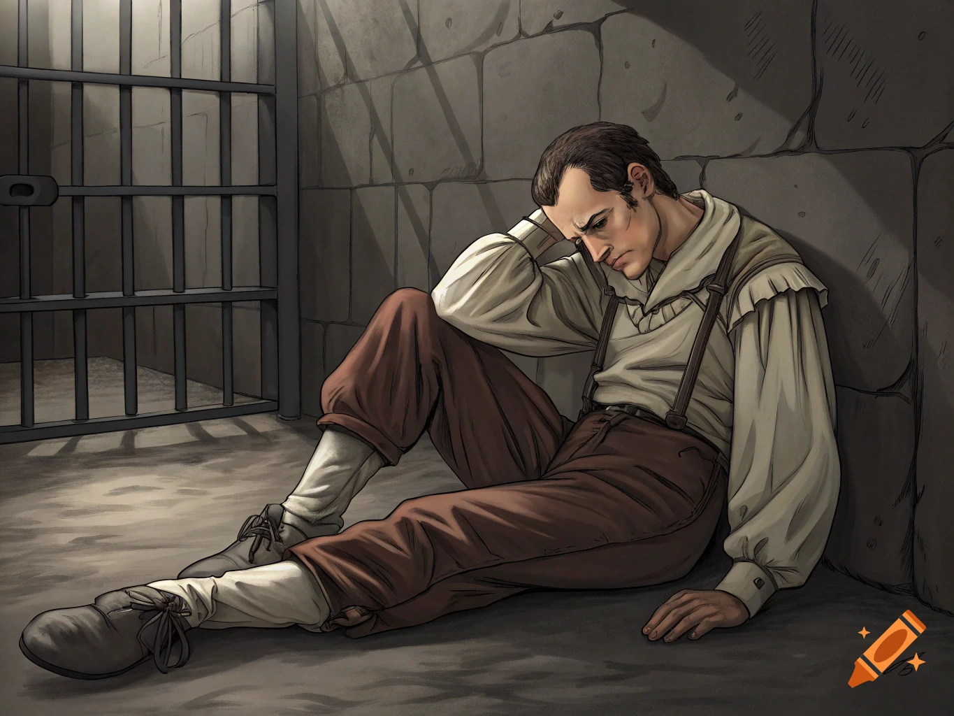 Drawing of a man sitting sadly in a jail cell.