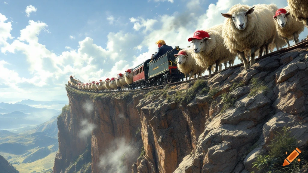 A train driven by a figure resembling Trump pulls sheep wearing red hats along tracks on a cliff edge overlooking mountains.