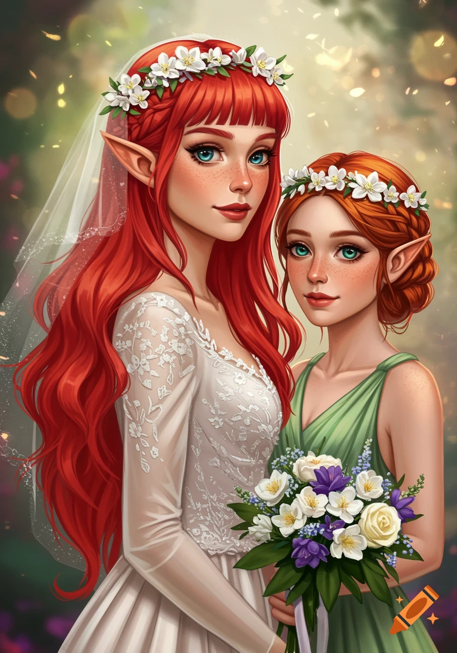 Two elf women in wedding attire, one bride in white and one bridesmaid in green, holding a bouquet in a forest.
