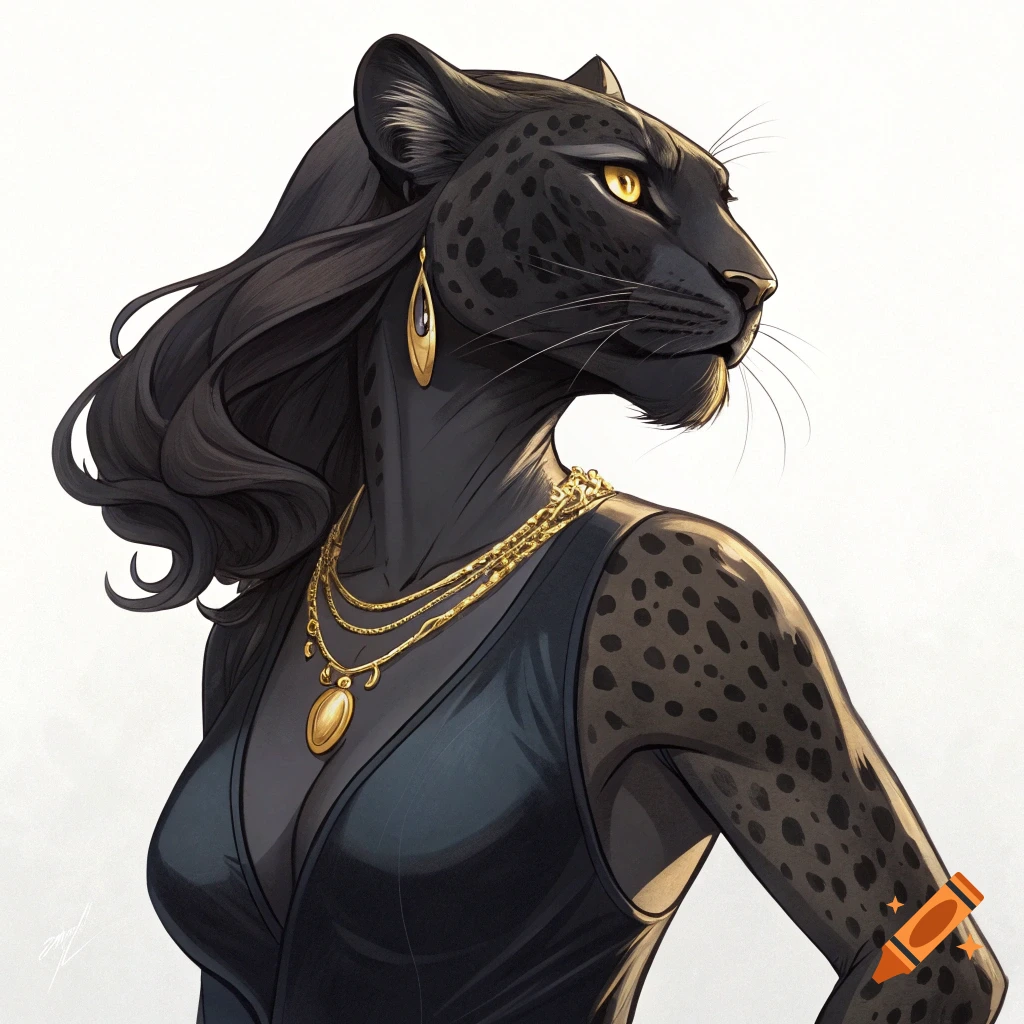 Anthropomorphic black jaguar woman in black dress and gold jewelry