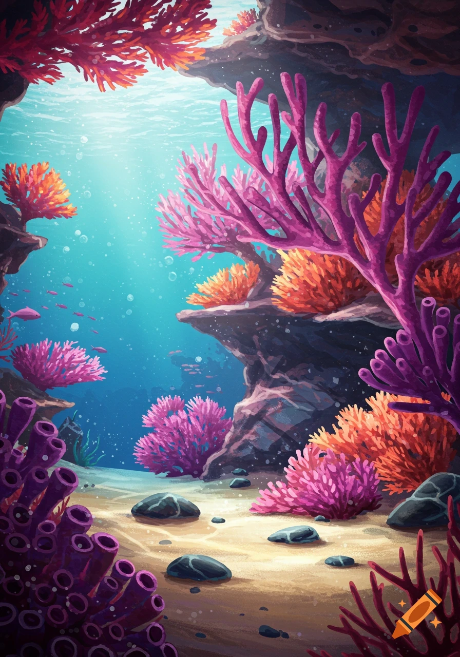 A colorful underwater coral reef scene with various coral, rocks, and small fish.