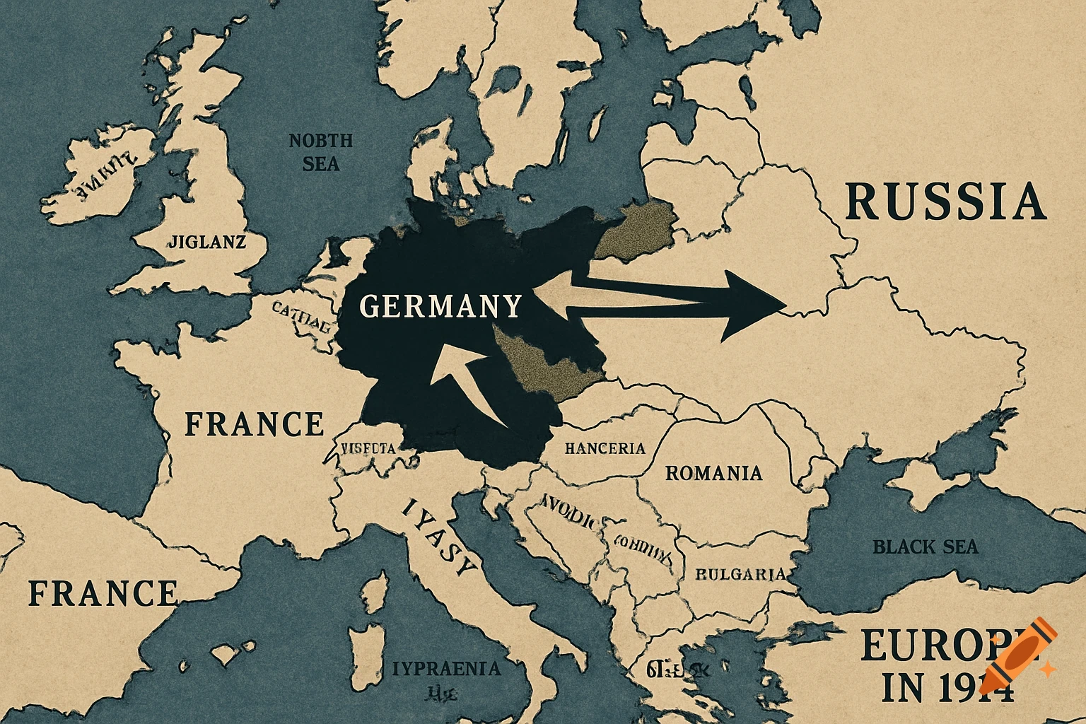A vintage-style map of Europe in 1914, highlighting Germany between France and Russia, with arrows pointing towards both.
