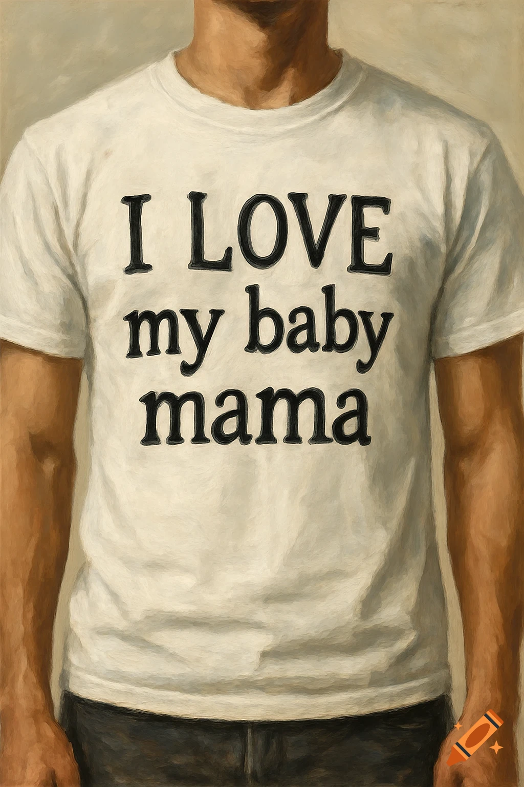 A man wearing a white t-shirt that says "I LOVE my baby mama"