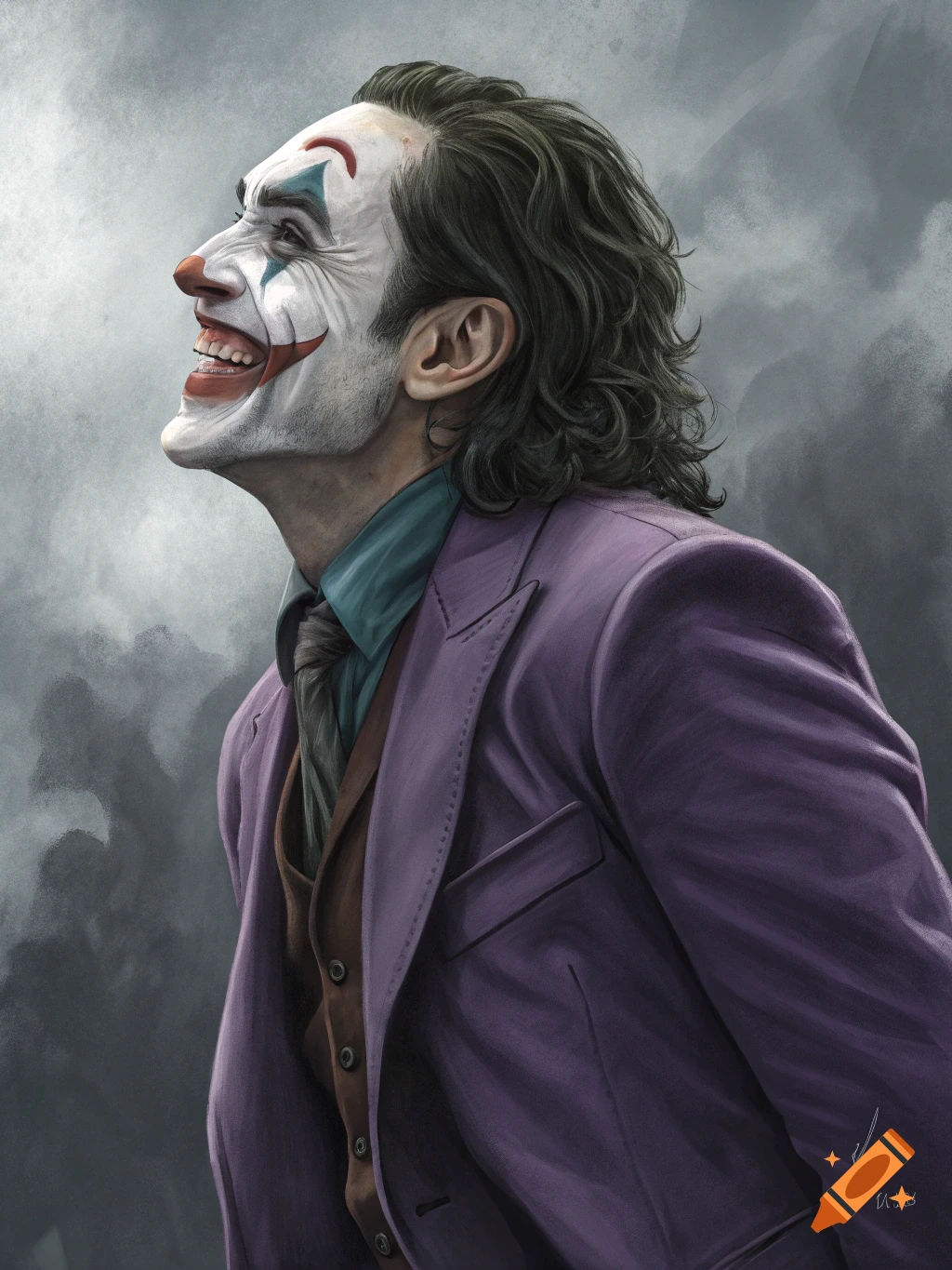 Portrait of the Joker in a purple suit and clown makeup, looking up and laughing