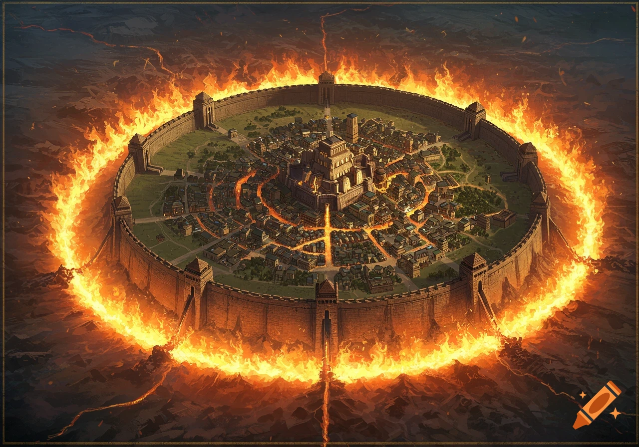 Aerial view of a fortified fantasy city with large walls surrounded by fire