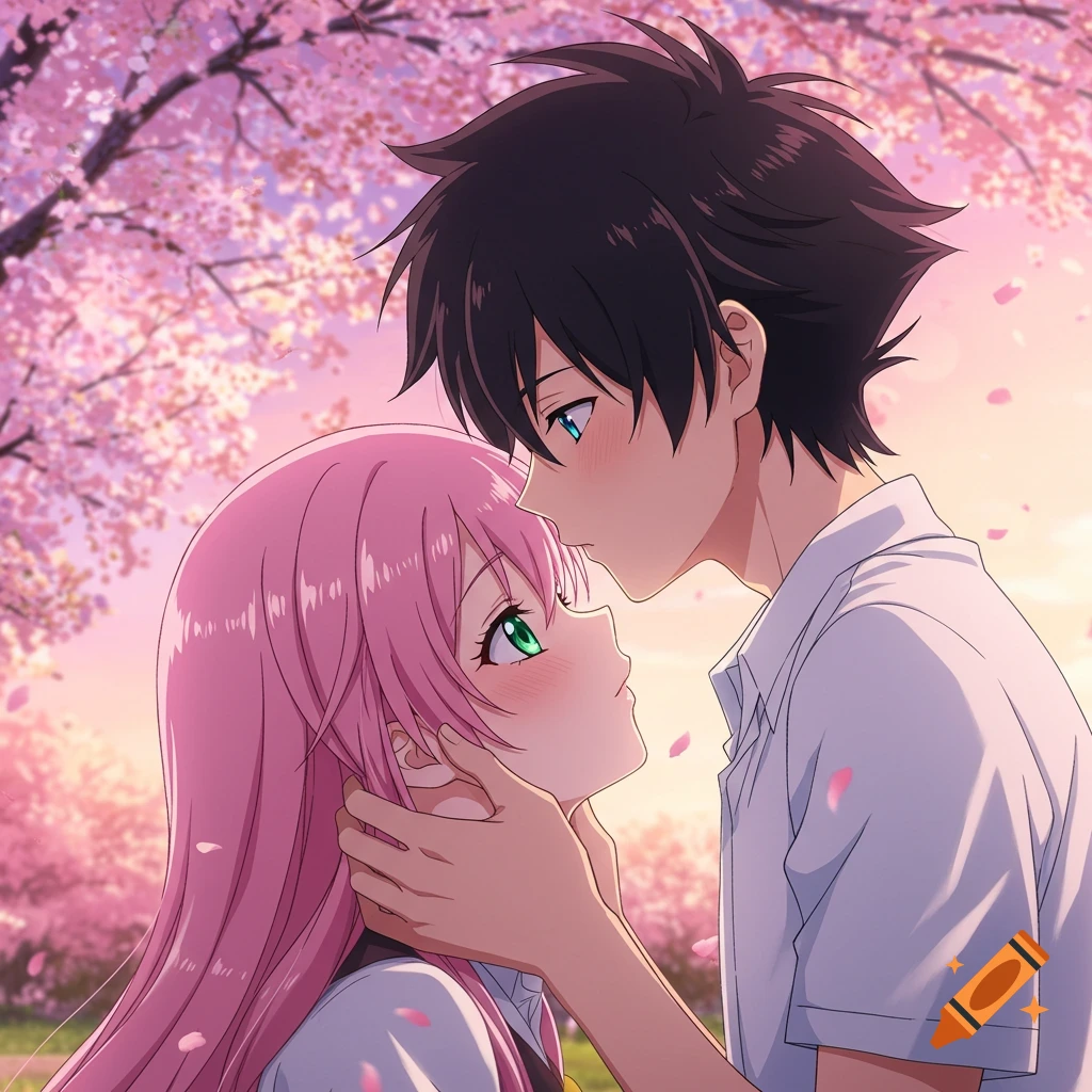 An anime couple looking at each other under pink cherry blossoms
