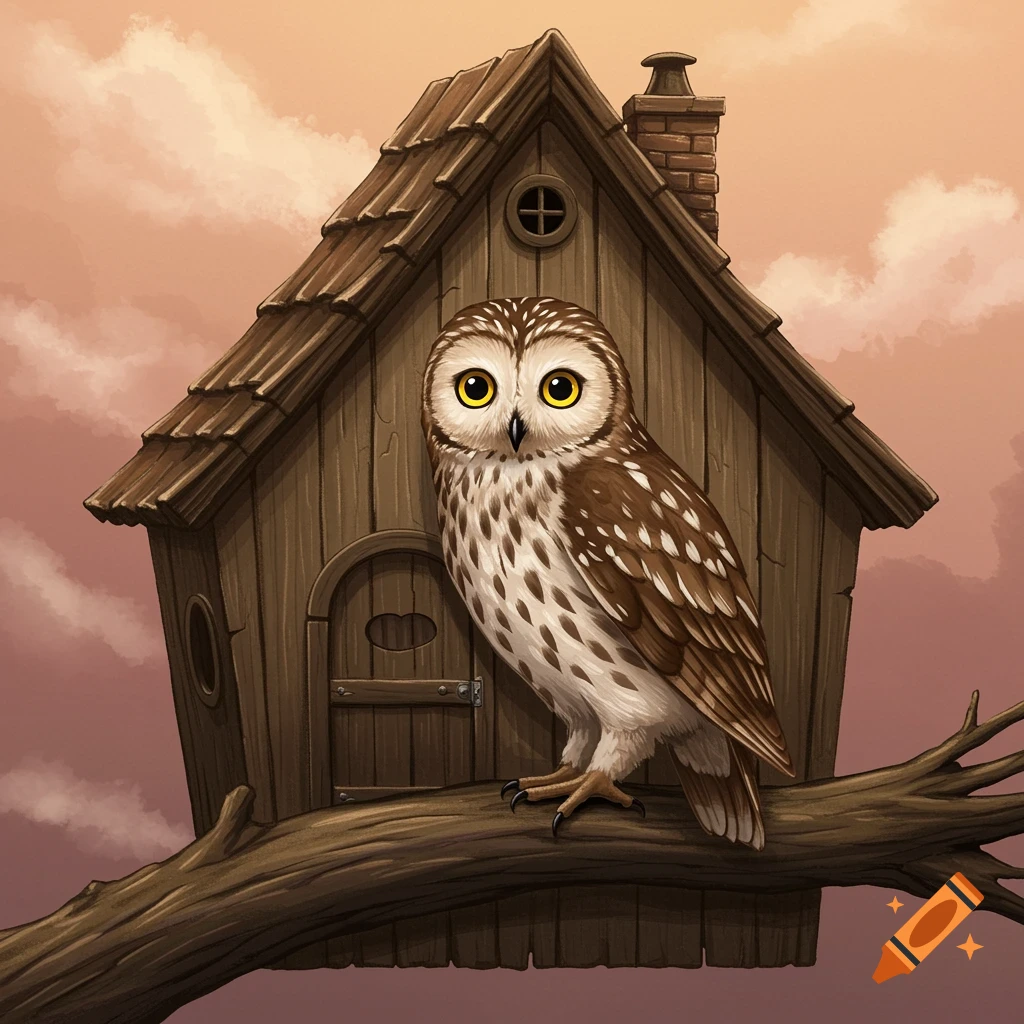 A cute owl on a branch in front of a birdhouse against a cloudy sky.