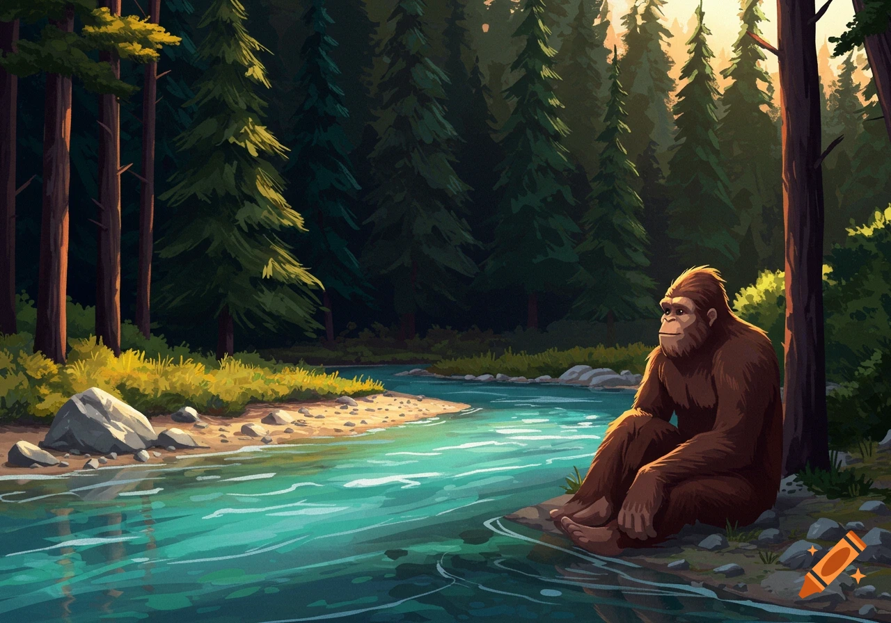 Bigfoot is sitting beside a river in a conifer forest.