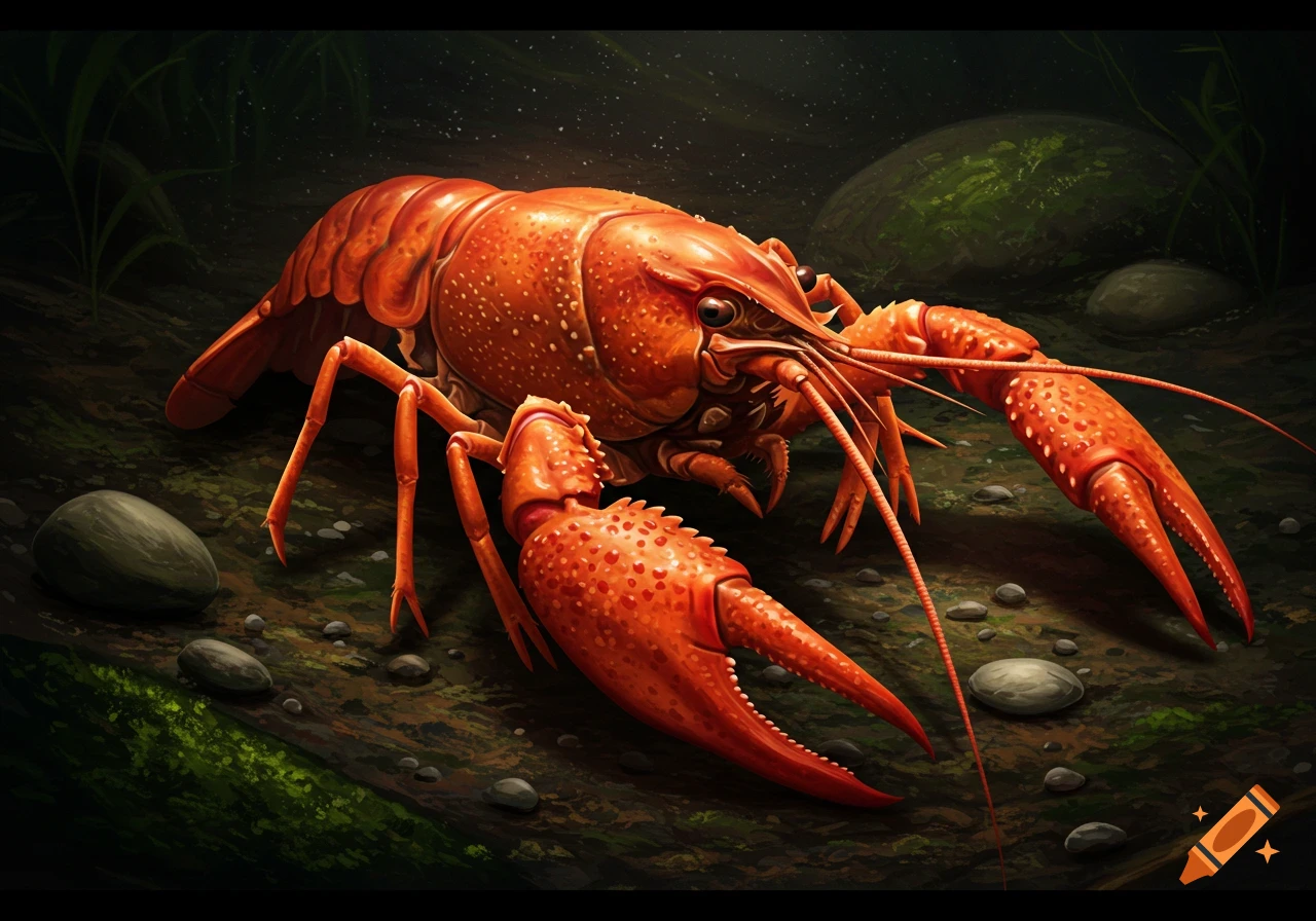Orange crawfish on the ground with rocks and green plants.