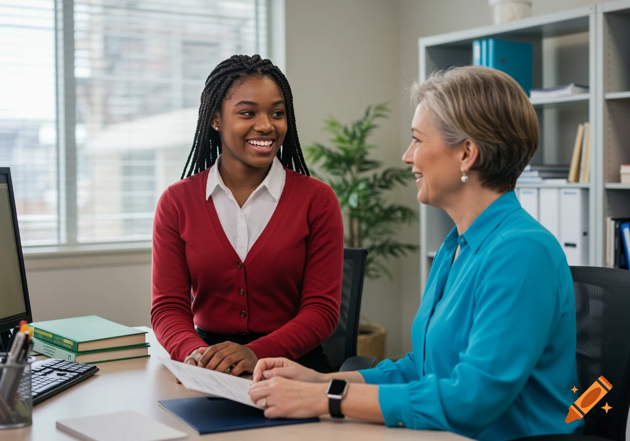 Young Black woman in red cardigan smiles across desk at older white woman in blue shirt in office setting.