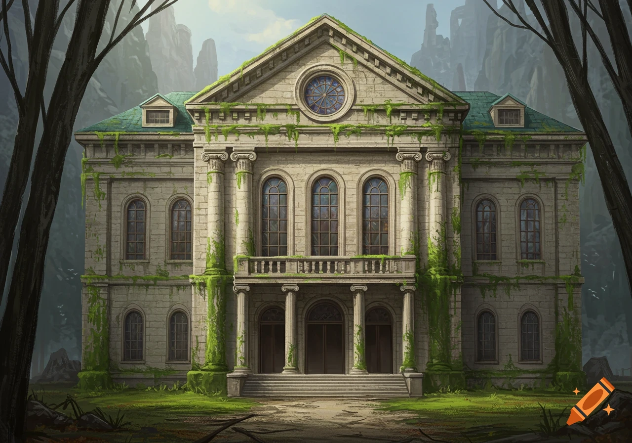 Ancient stone building overgrown with moss in a fantasy landscape.