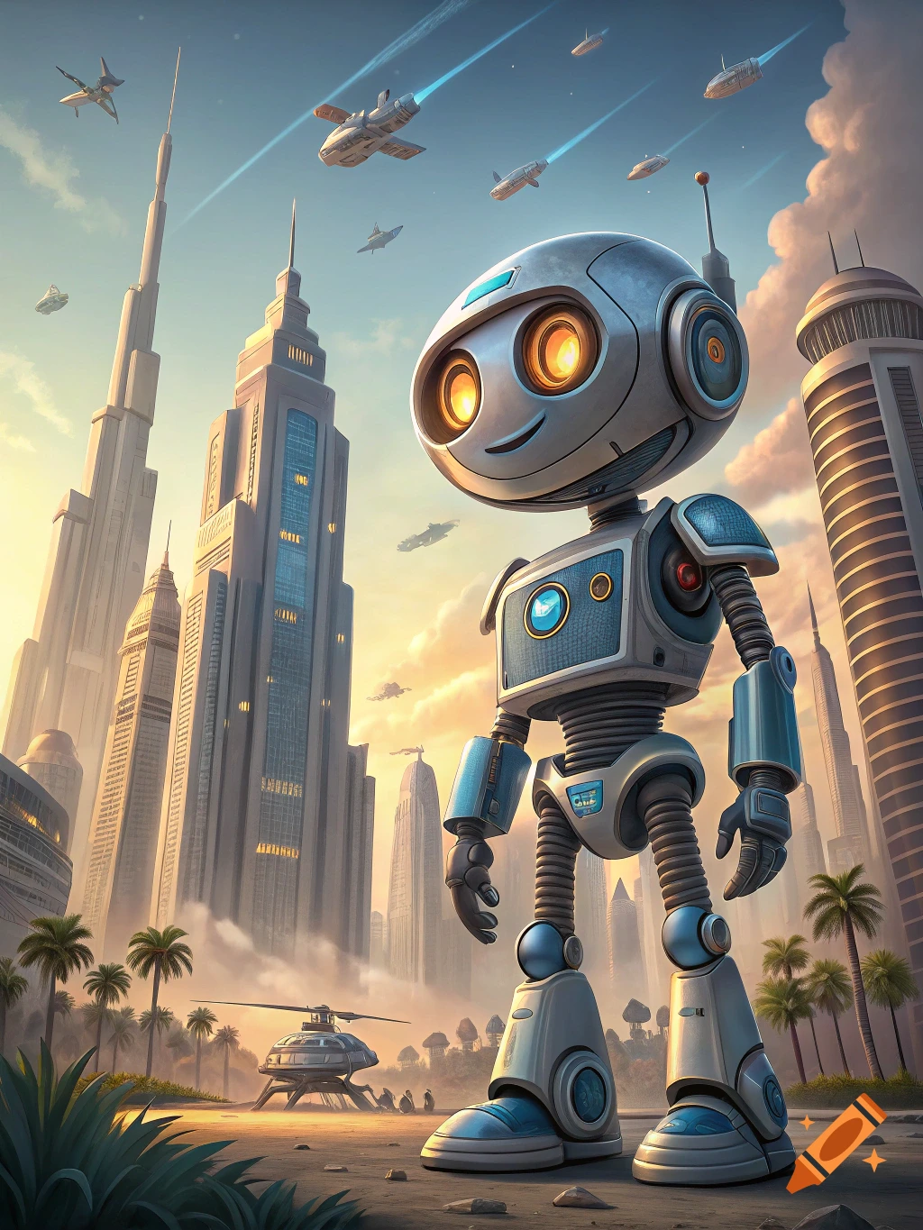 A robot stands in a futuristic city with tall buildings and flying vehicles.