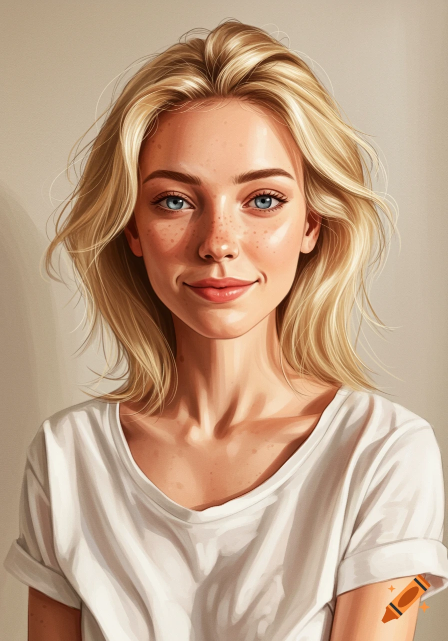 Portrait of a smiling blonde woman with freckles and blue eyes, wearing a white t-shirt.