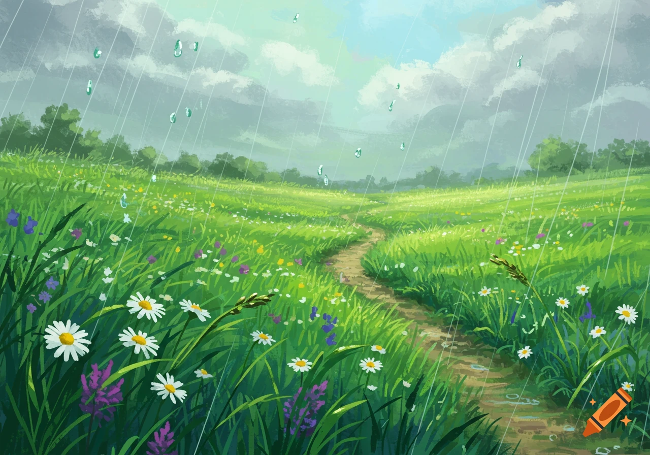 A path winds through a rainy meadow filled with wildflowers.
