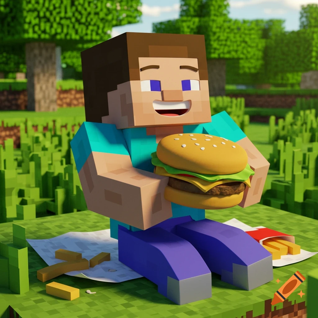 Minecraft Steve sitting in a grassy area, holding a large hamburger, with French fries on the ground.