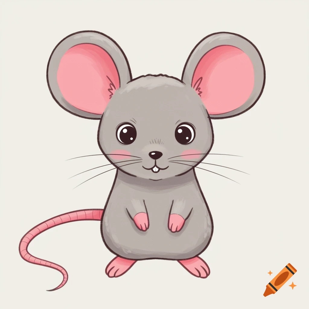 A cute cartoon mouse with pink ears and feet, facing forward.