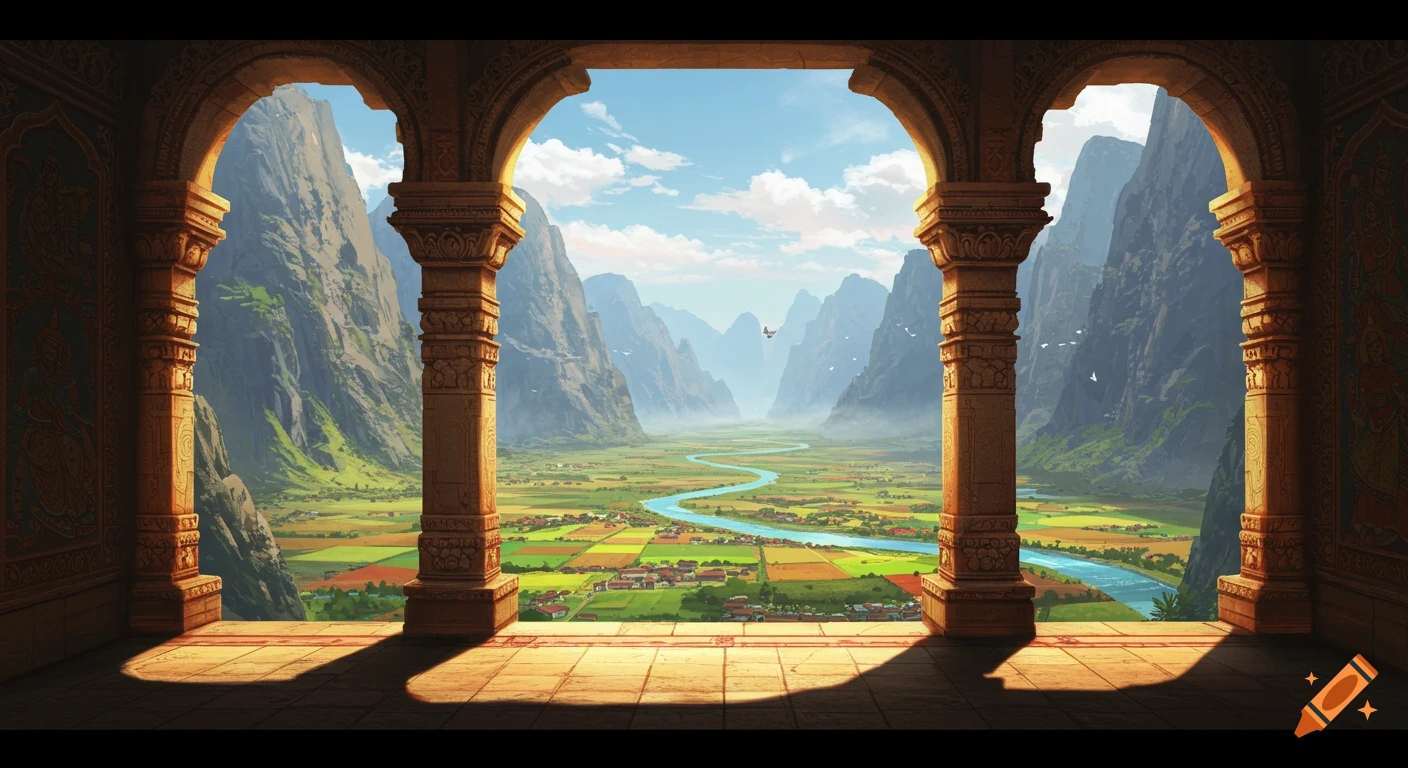 A valley and mountains viewed through the stone arches of a temple.