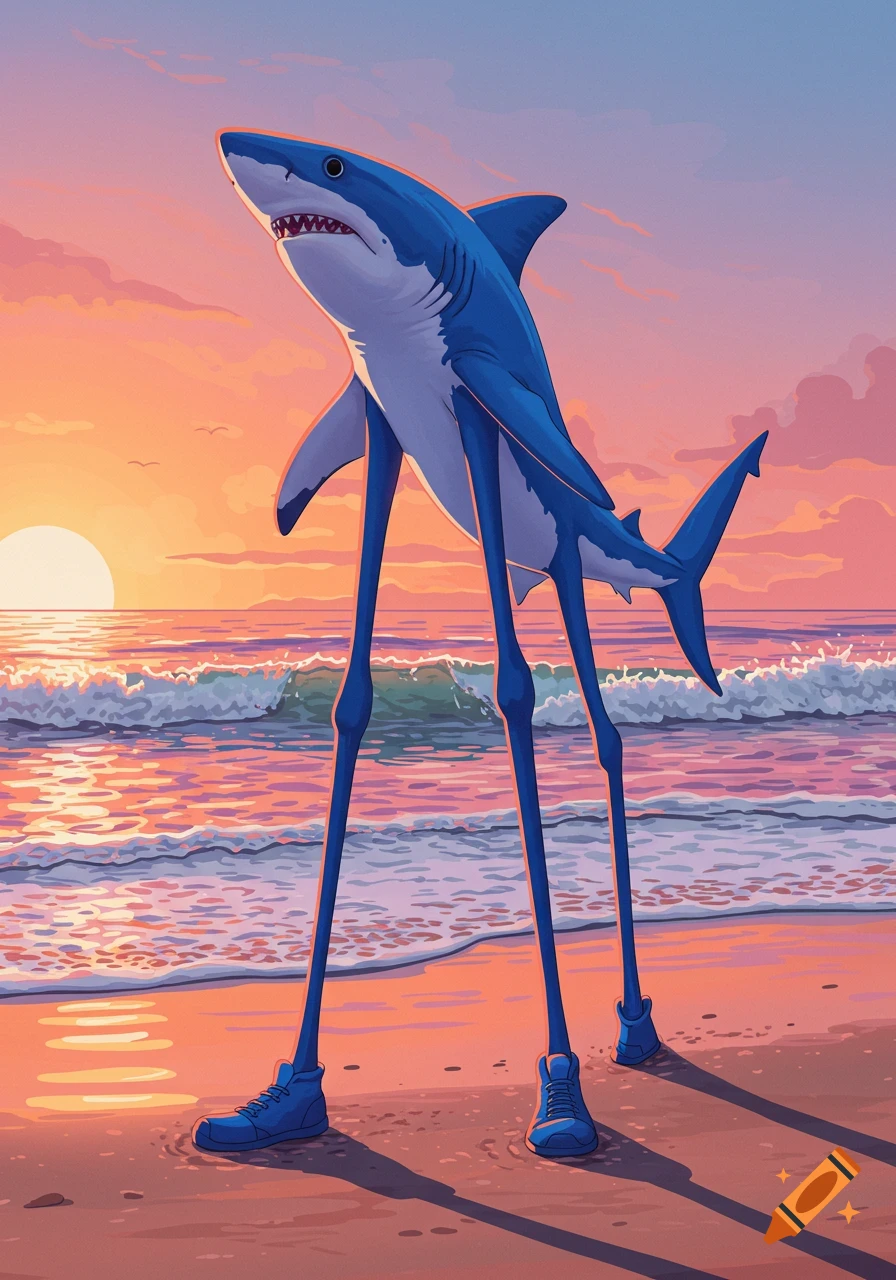 A blue shark with long legs and blue shoes stands on a beach at sunset.