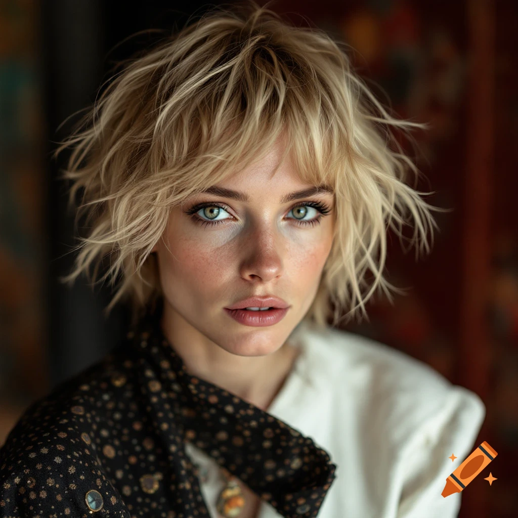 A close-up portrait of a woman with short messy blonde hair and striking green eyes.