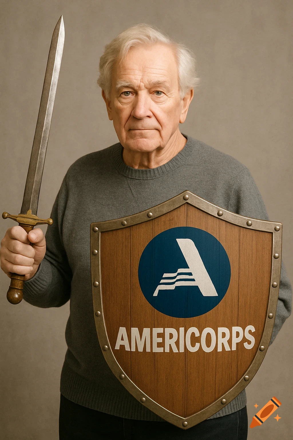 An older man holds a sword and a shield labeled AmeriCorps.