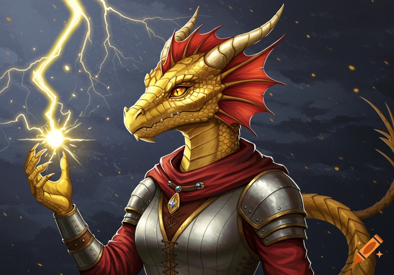 A gold Dragonborn character in armor casting a lightning spell.
