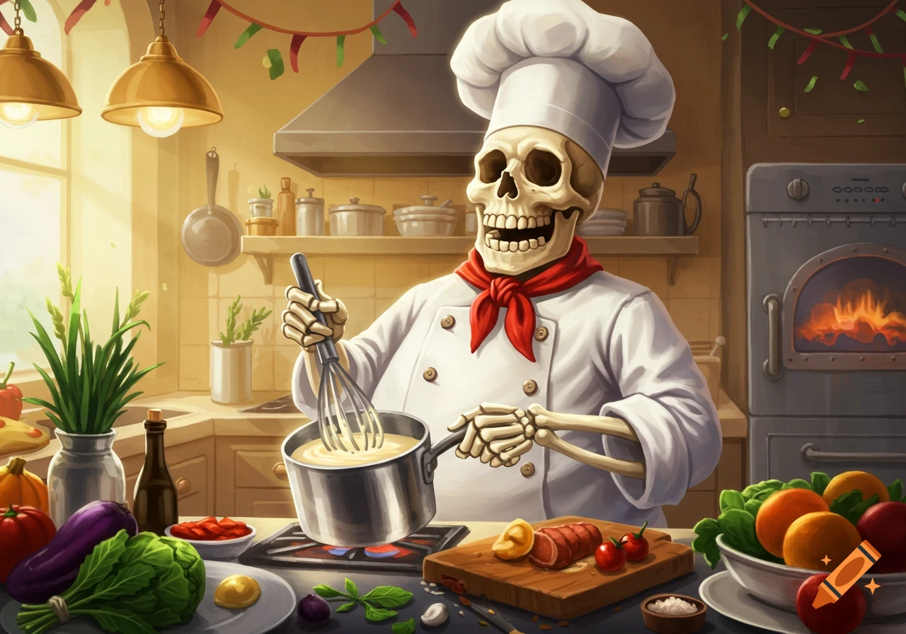 A skeleton chef whisks a pot in a detailed painting of a kitchen.