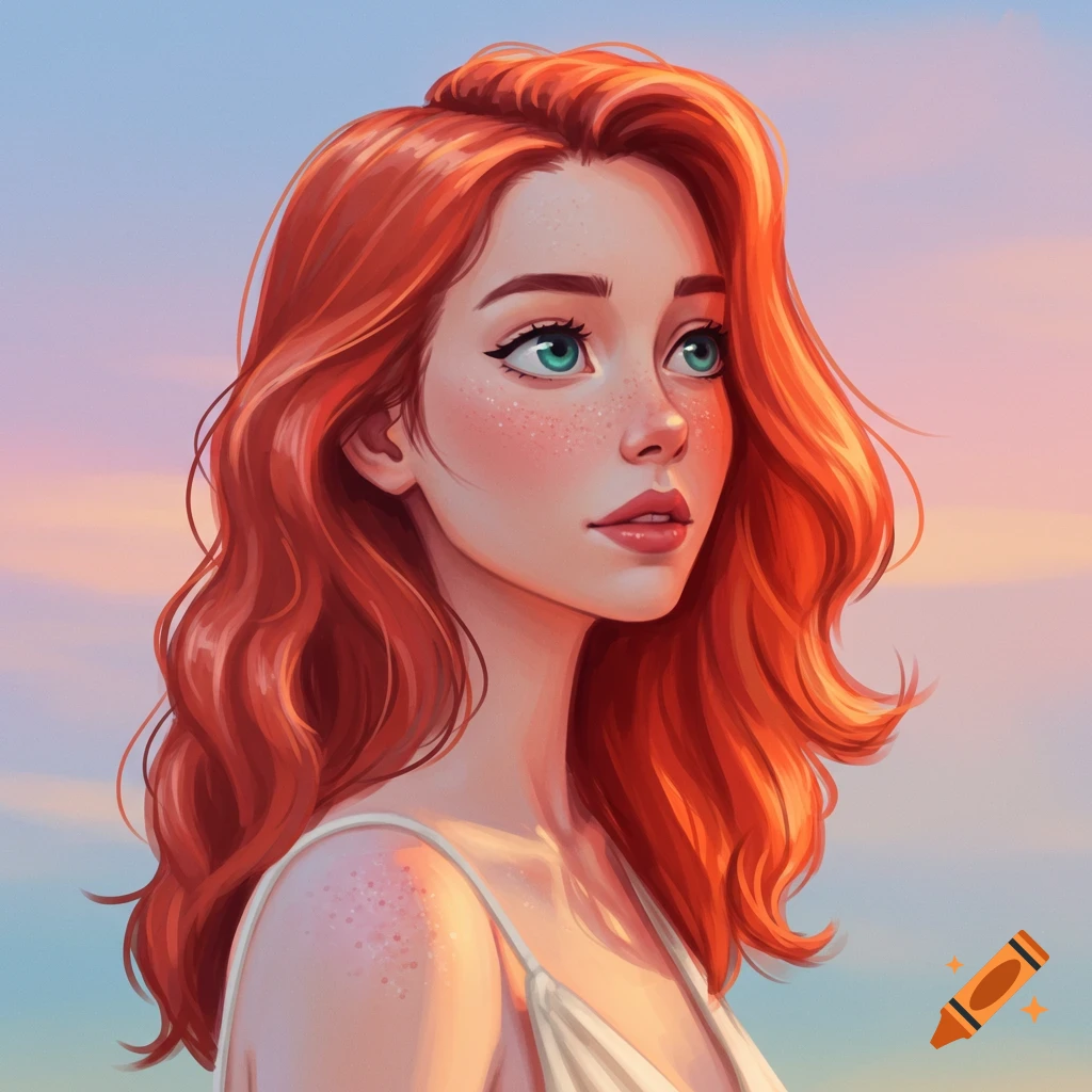 A young woman with red hair and freckles is looking towards the sky.