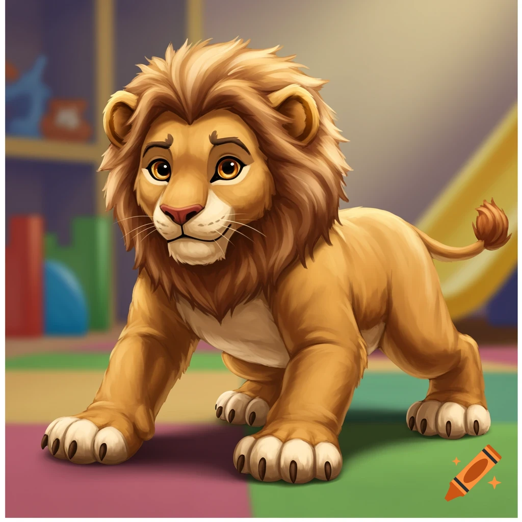 A cartoon lion cub costume in a brightly colored playroom.