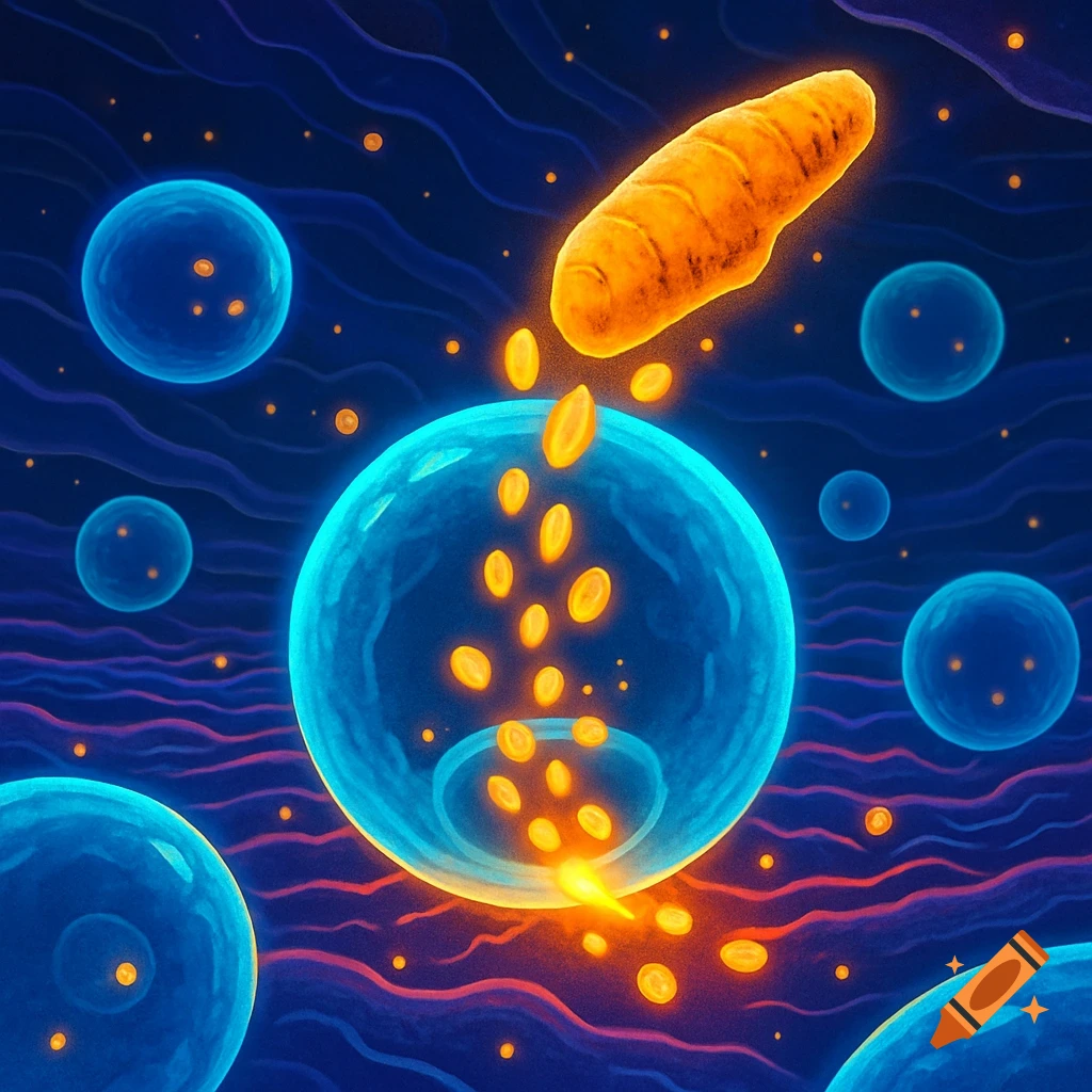 Sci-fi illustration of nutrients entering a cell