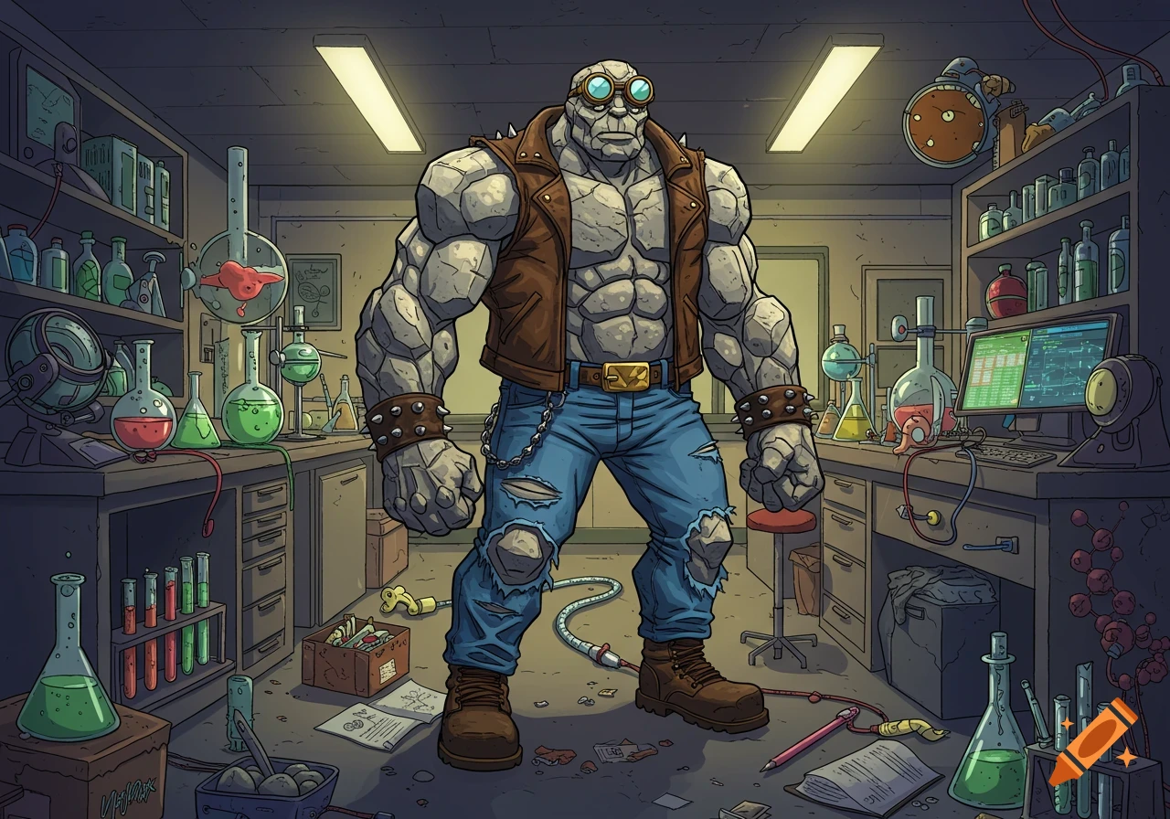 Large rock character in goggles and leather vest standing in a cluttered comic book style science lab.
