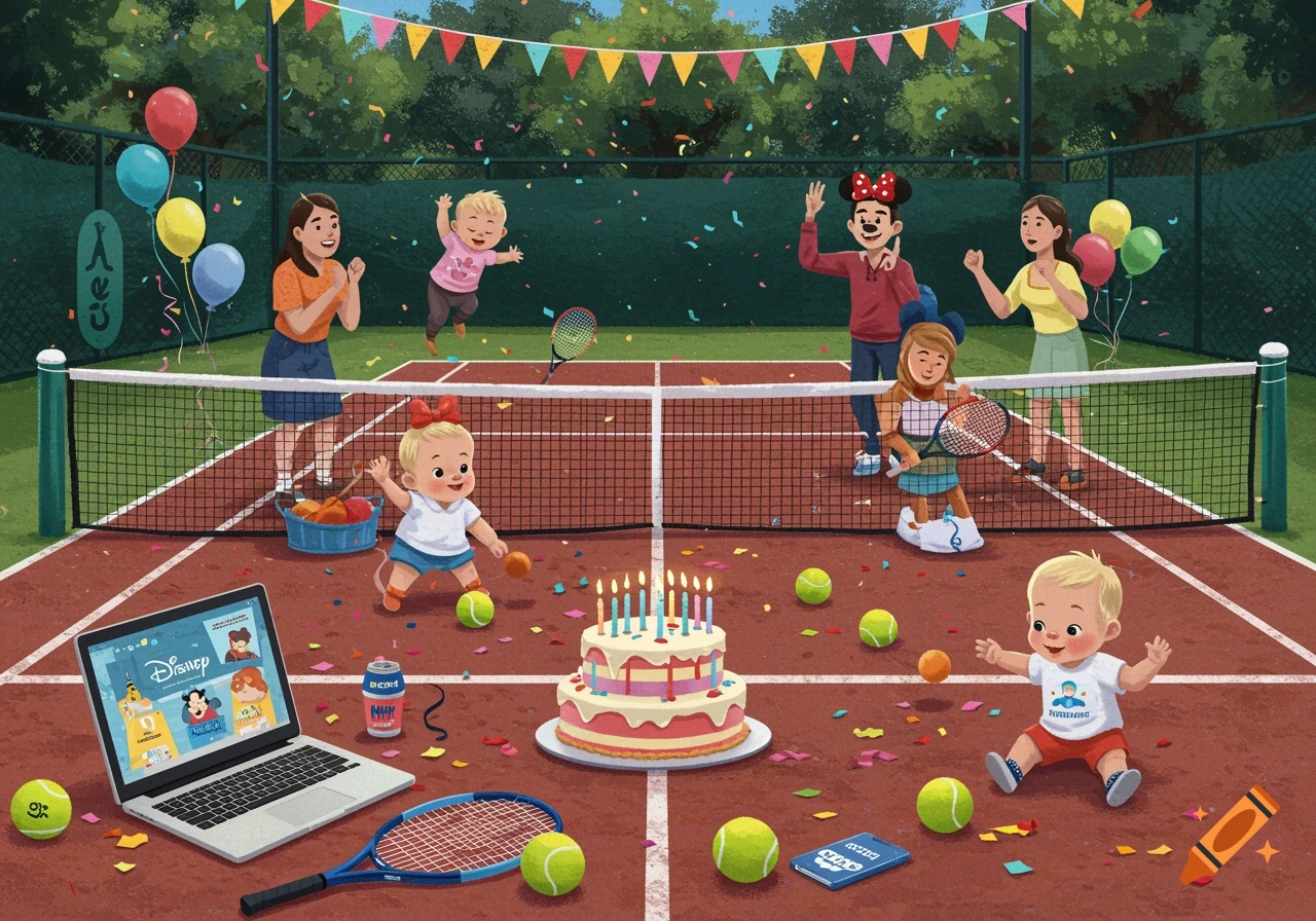 A Disney-themed birthday party on a tennis court with cake, confetti, balloons, adults, and babies playing.