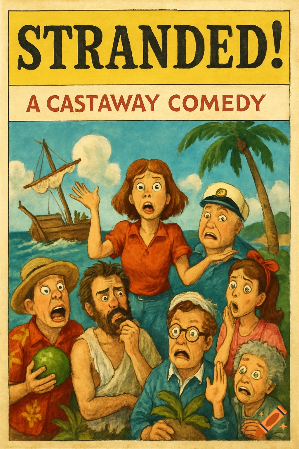 Illustration of people on an island looking scared with a shipwreck and text 'STRANDED! A CASTAWAY COMEDY'.