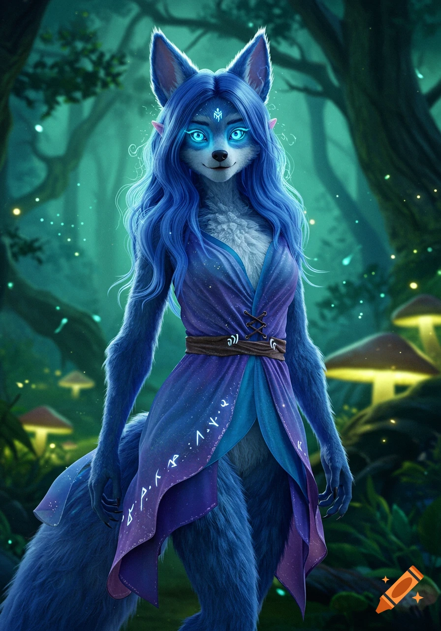 Blue humanoid wolf with blue hair and glowing eyes in a forest setting, wearing a purple dress.