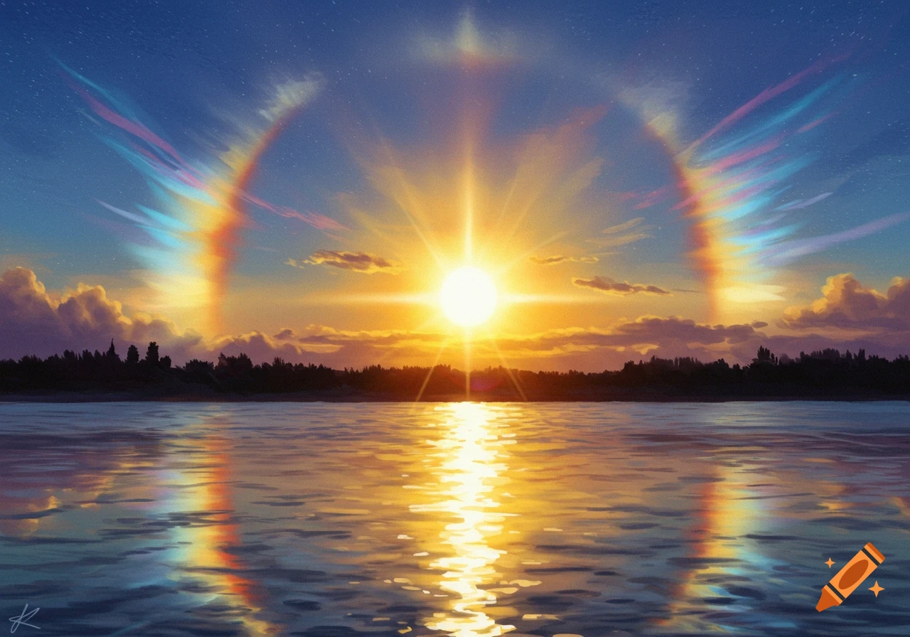 A sunset over water with a glowing sun and a rainbow halo/sun dog effect in the sky.