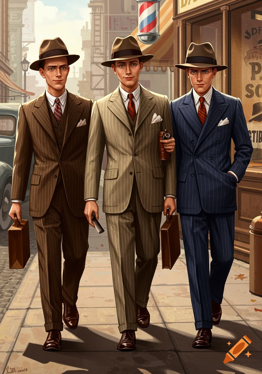 Three men in 1930s suits and hats walking on a city sidewalk.